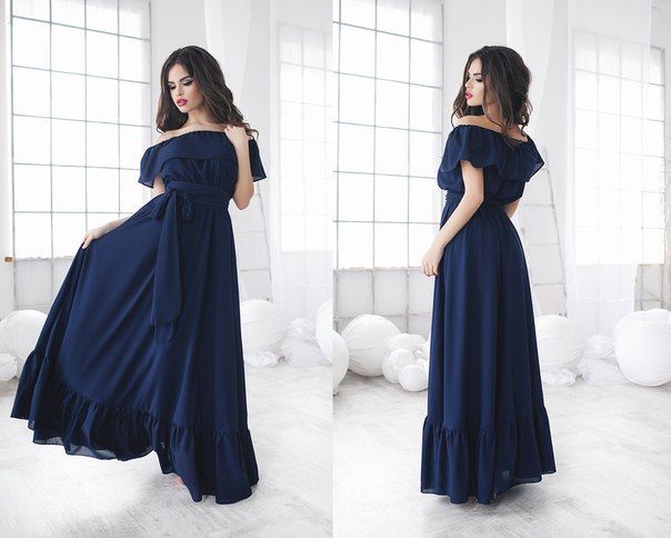 Синее длинное шифоновое платье